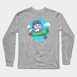 Cute Cat Flying With Vintage Plane Long Sleeve T-Shirt